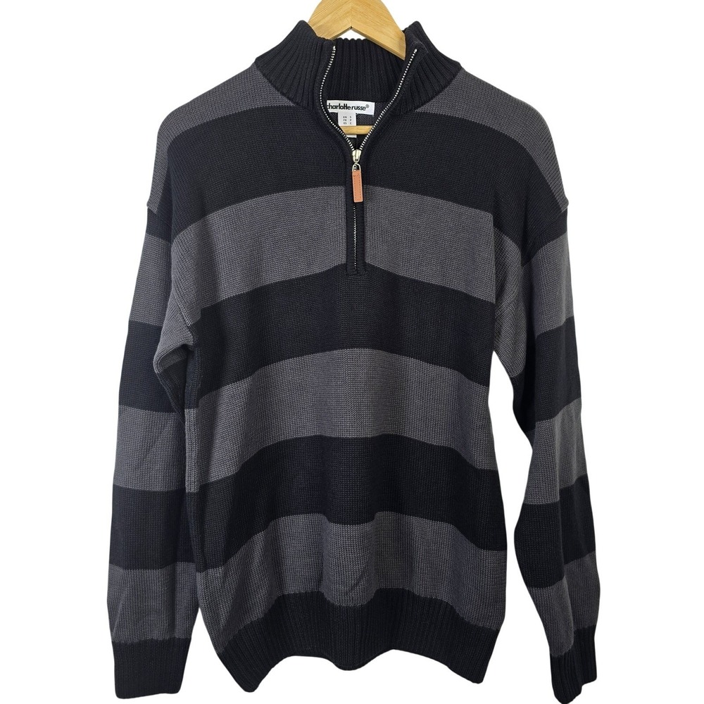 Charlotte Russe Womens Striped Quarter Zip Mock Neck Sweater Black Grey Size S
